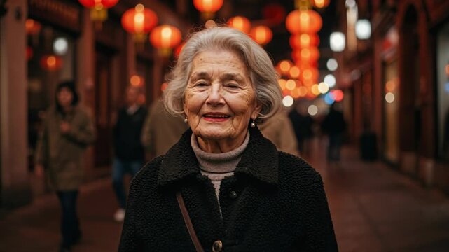 Joyful Elder in Lantern Light: Portrait of a smiling elder woman, standing serenely amid a festive street adorned with vibrant lanterns, her expression radiating contentment and life's rich tapestry.