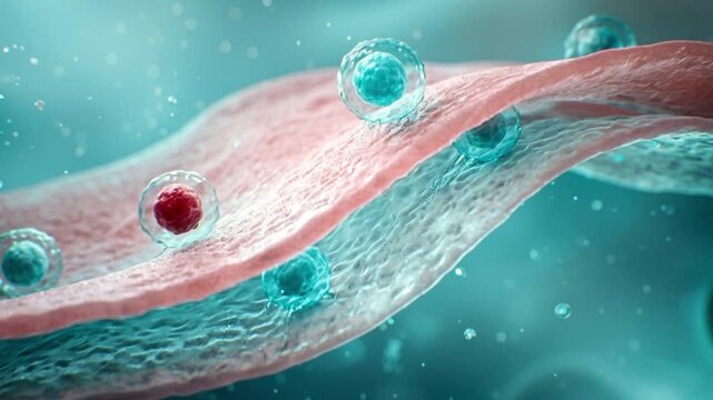 Microscopic red blood cell moving along a curved tissue surface inside a fluid-filled biological environment