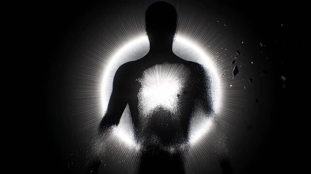 Human silhouette dissolving into bright circular light 