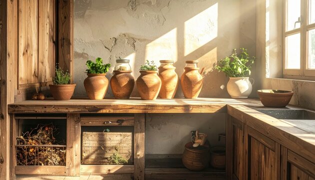 Rustic kitchen interior with earthenware pots, sunlight streaming through window, wooden countertop, farmhouse home decor, cozy atmosphere, culinary preparation