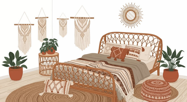 Woven rattan bed frame with pillows.