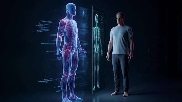Man standing beside holographic anatomy display as transparent body scan reveals muscles, organs and skeleton