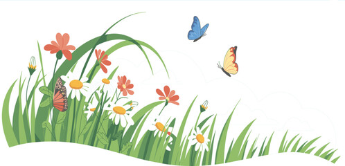 Spring meadow scene with green grass, blooming flowers, and flying butterflies © Arishfa