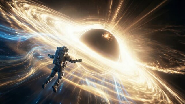 Astronaut drifting toward a glowing black hole in space
