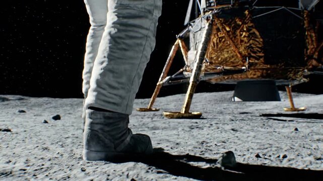 Astronaut walking across the moon surface beside a lunar lander beneath a dark starry sky in outer space