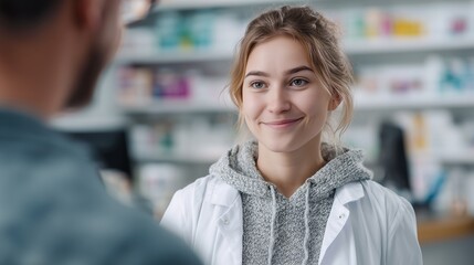 Fototapeta premium A young pharmacist advises a customer at a pharmacy. A girl in a white coat stands behind the counter opposite a customer and flirts with him, shelves with medicines are visible in the background.