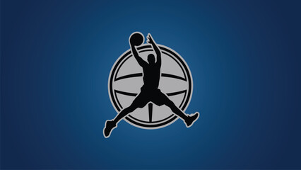 Basketball Player Silhouette Slam Dunk Mascot Logo on Blue Background © FHGrafixx