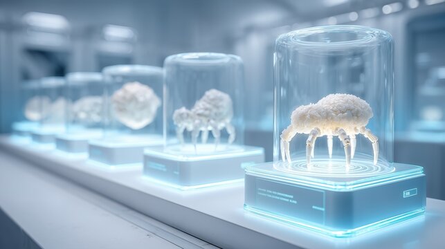 Futuristic lab display with robotic microbe specimens. Transparent glass domes on glowing stands with white spider-like bioengineered models, sterile research facility; biotechnology and AI concept.