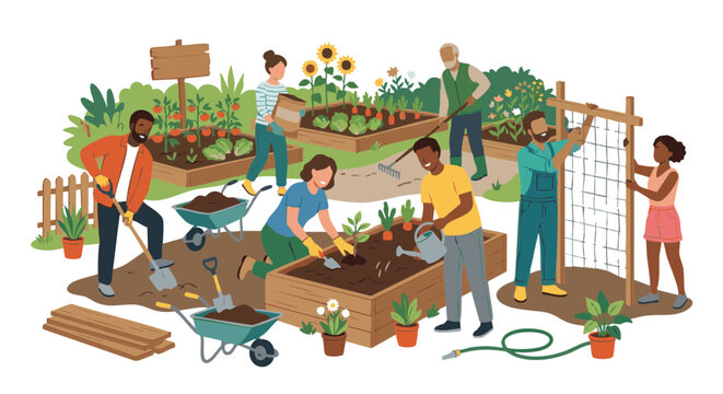 People planting and tending garden beds in community garden setting  
