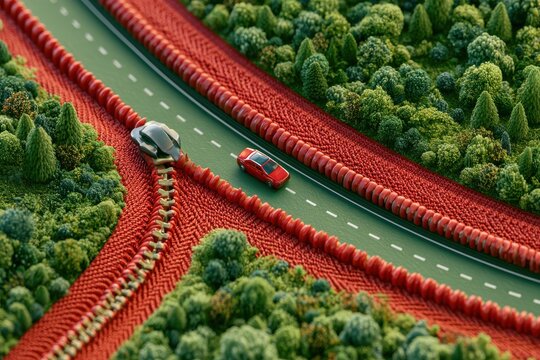 A normal-sized car driving on a road made entirely of a giant zipper unzipping the landscape, creative journey concept 