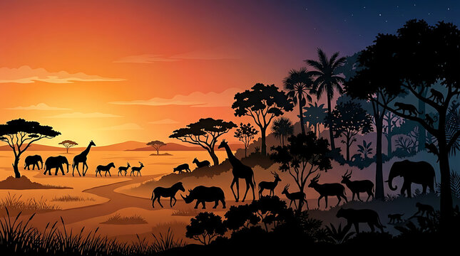 Animal silhouettes roam freely in a serene savannah landscape at sunset.