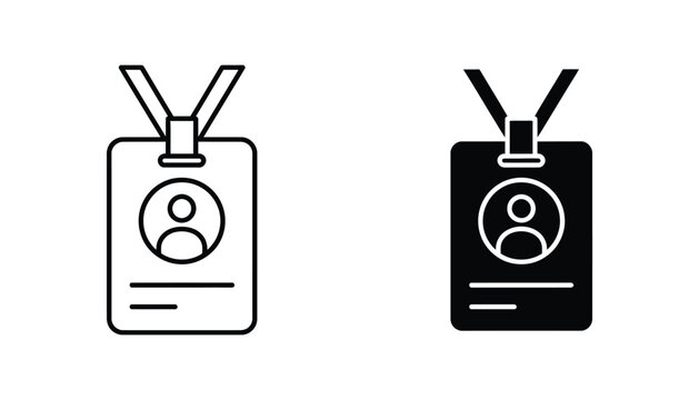 Employee identification card with lanyard icon set in black outline and solid silhouette vector style