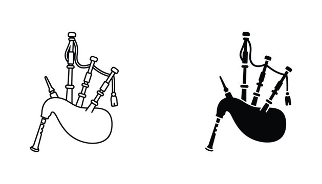 Scottish bagpipes musical instrument icon set as black outline and solid silhouette vector illustrations