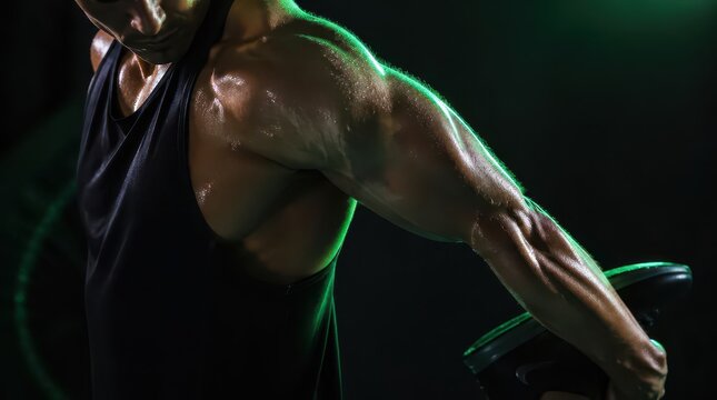 Sculpted deltoid and triceps muscles of an athlete undergoing intense training in a dark gym environment with cinematic green lighting, capturing the raw power and definition of upper body strength.