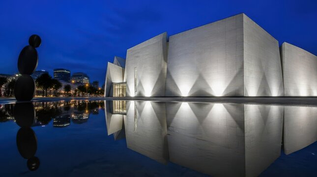 Stark angular art museum architecture featuring geometric white stone facades and dramatic uplighting reflected in a calm water surface at twilight, perfect for modern design and travel concepts.