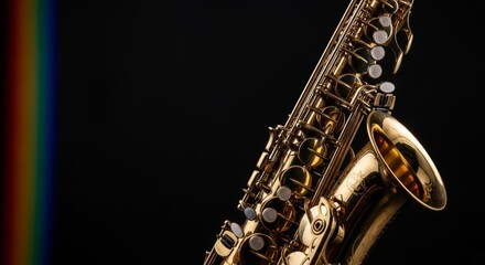 Obraz premium Artistic close-up of a brass saxophone in a dark studio, featuring glowing highlights, motion blur distortion, and cinematic filmic tones, evening, rhythm, dynamic