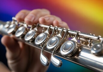 Obraz premium Artistic close-up of a silver flute with motion blur on fingers moving across keys, capturing the dynamic energy of a musical performance, motion, instrument, sparkle