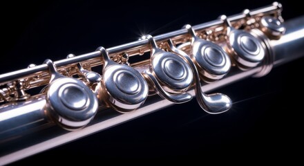 Obraz premium Artistic motion blur effects highlight the elegant keys and polished silver body of a flute during a soft and melodic musical performance, sound, vibration, metallic