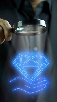 Growth value, increasing value added to business product and service. Business and finance growth concept. Magnifying glass focus on glowing neon line of daimond on hand icon.