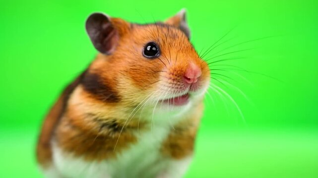 Close-up of a cute Syrian hamster with a green screen background.