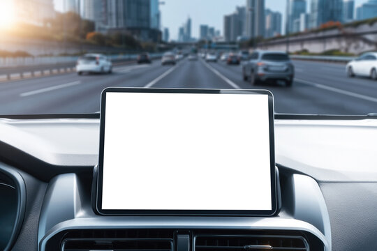 Car dashboard display with blank screen mounted in modern interior during city driving. Ideal for navigation interface mockup, automotive UI and multimedia system presentation