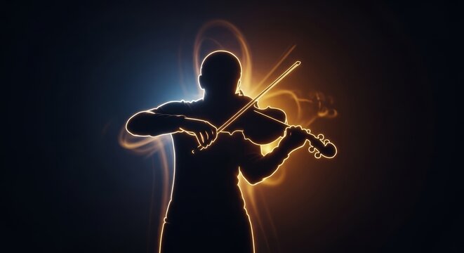 Atmospheric silhouette of a musical form playing a violin with dramatic motion blur and a glowing golden rim light against a dark backdrop, lighting, silhouette, melody