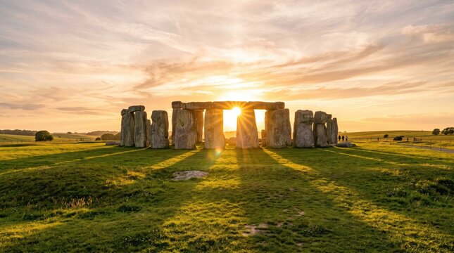 Stonehenge silhouetted by a setting sun, casting long shadows over green grass under a dramatic, colorful sky.