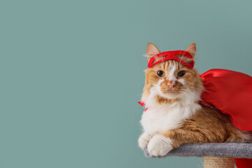 Cute cat in superhero costume on color background © Pixel-Shot
