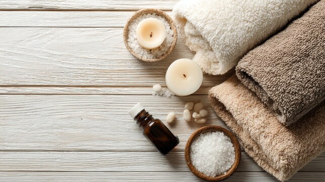 Beautiful spa treatment composition such as Towels, candles, essential oils, Massage Stones on light wooden background. blur living room, natural creams and moisturizing Healthy lifestyle, body care
