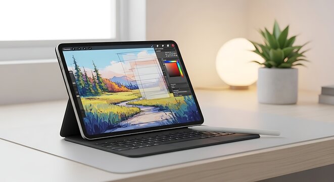 Digital art creation on an ipad pro with apple pencil and keyboard