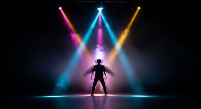Cinematic silhouette on stage under a bright spotlight with artistic motion blur, deep dramatic shadows, glowing beams, and hazy atmosphere, illumination, dark, auditorium
