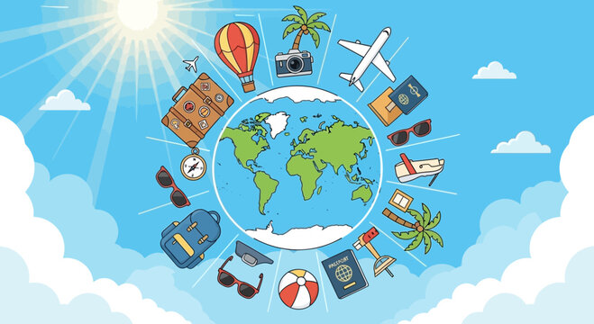 Globe surrounded by travel icons.