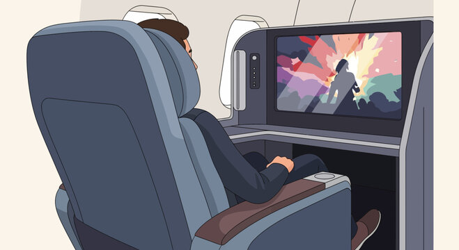 Man sitting in airplane seat watching.