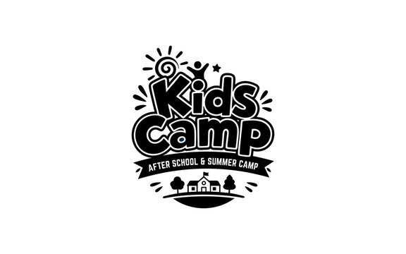 Illustration vector graphic of fun kids summer camp, black and white logo design template