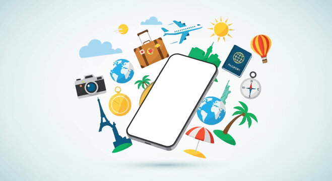 Smartphone with travel icons around it 4.