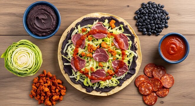 Tlayuda Composition - Traditional Oaxacan Dish with Ingredients.