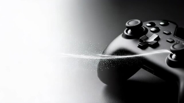 Game controller surrounded by dynamic white particle light trail, glowing energy flow for game industry and gamer