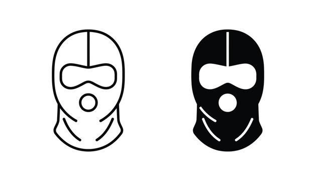 Balaclava ski mask line art and solid black icon set for security and tactical themes