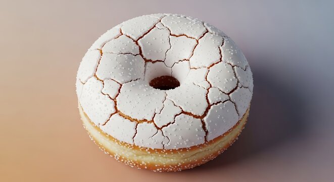 A close-up shot of a single round donut featuring a thick layer of white sugar icing with visible cracks and an uneven sugary texture, glaze, traditional, wood