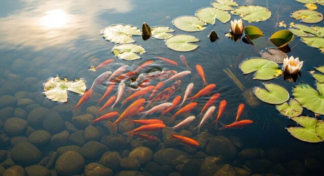 School of goldfish swimming in a tranquil pond with water lilies and sun reflections.