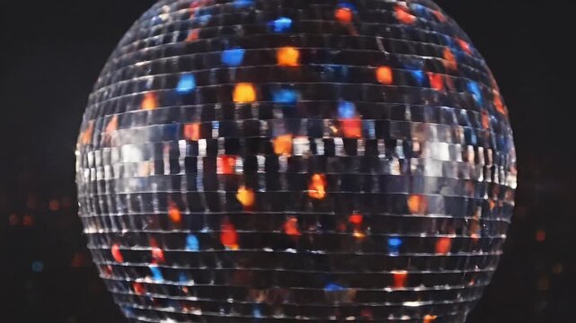 Disco ball, mirrored sphere, shiny reflective surface, colorful lights, nightclub decoration