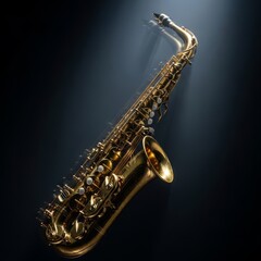 Obraz premium Vibrant brass saxophone glows within a heavy spotlight haze, featuring cinematic motion blur and atmospheric shadows in a dark music venue, sound, jazz, rhythm