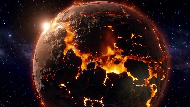 Burning Planet Earth in Outer Space with Lava Cracks