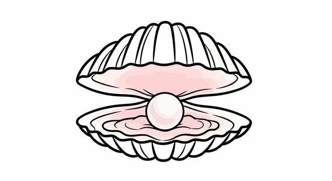 Pink Pearl, Open Oyster Shell, Vector Illustration, Luxury Jewelry, Shiny Pearl Icon