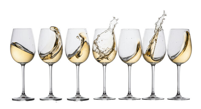 Seven elegant crystal glasses with splashing light-golden white wine, frozen in stop-motion on a reflective white studio surface, concept for premium wine advertising
