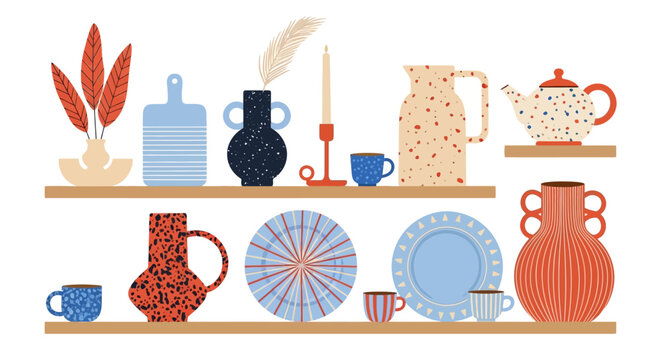 Vintage, colorful kitchenware, ceramic dishes, tea sets, plates, vases, cups, illustration