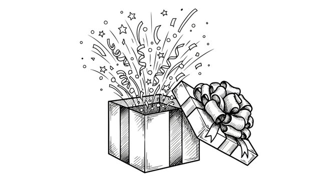 Gift box with ribbon, exploding with confetti and stars, celebration vector icon, black and white illustration, party decoration element