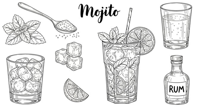Mojito vector icons, refreshing cocktail illustrations, drink elements, minty beverage graphics, 8 eps