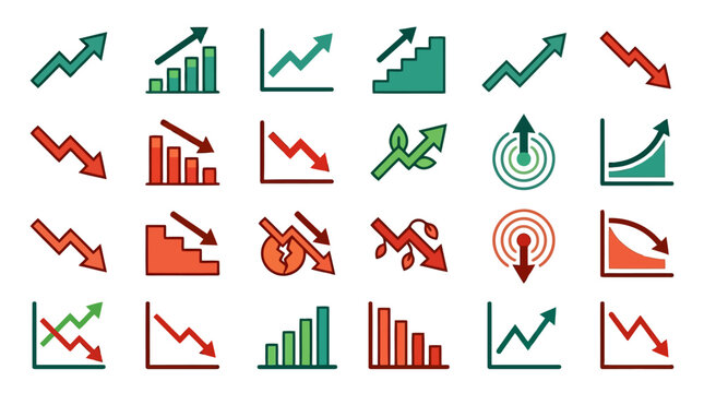 Stock Market Growth and Decline Arrows Vector Icon Set