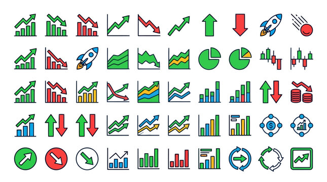 Data Growth and Decline Trend Line Graphs Icon Set